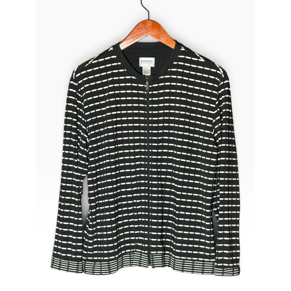 Chicos Travelers Top Womens Large Black White Stripe Zip Front Stretch